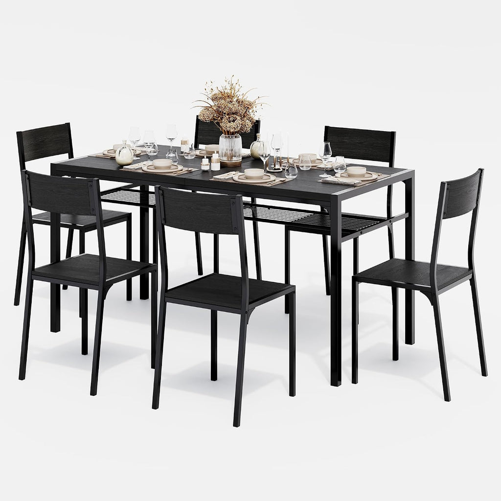 Gizoon Dining Table Set for 6 with Chairs, 7-Piece Kitchen Table Set for Small Space, Apartment, Kitchen, Dining Room, Space-Saving
