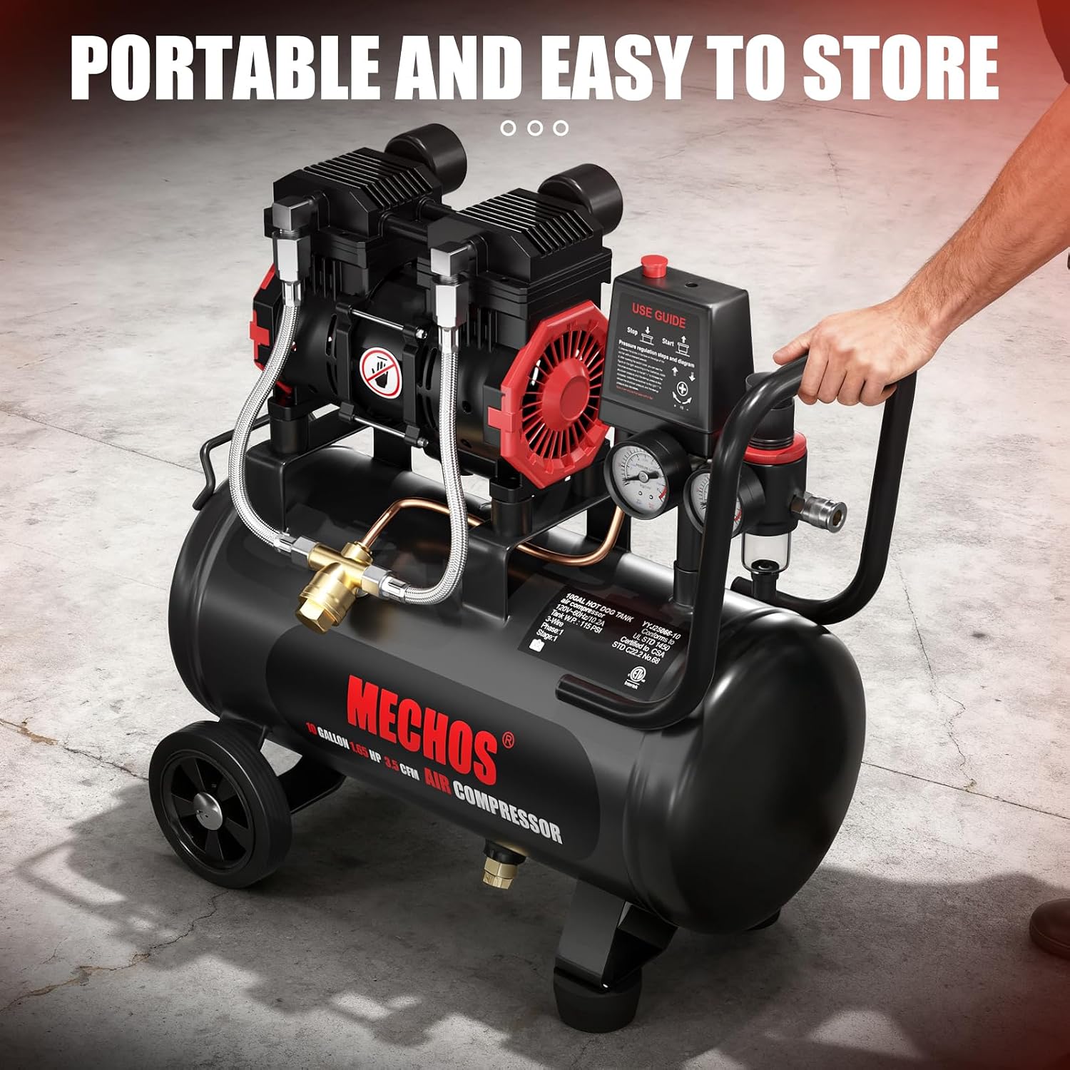 Portable Air Compressor with 10 Gallon Steel Tank, 1.65 HP 3.5 CFM @ 90 PSI, 116 Max PSI Oil-Free Air Compressor for Garage, Home Use, Tire Inflation, Nail Gun, DIY Projects,110V