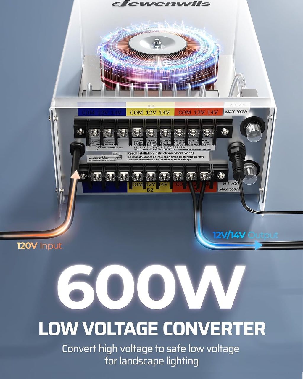 DEWENWILS 600W Low Voltage Landscape Transformer, 6 Independent Outputs, Low Voltage Transformer with Photocell Sensor, 120V to 12V/14V AC, Stainless Steels Landscape Lighting Transformer Outdoor