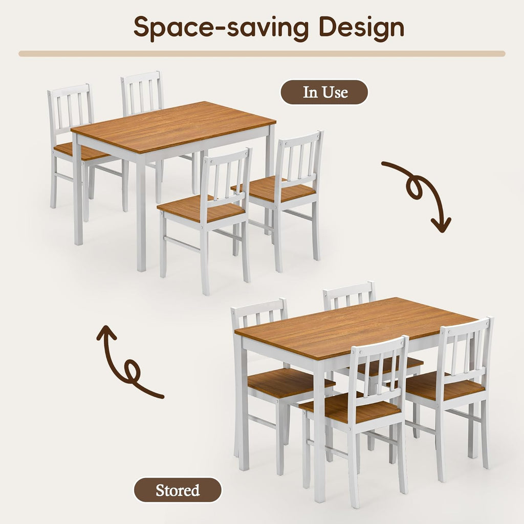 5-Piece Dining Table Set for 4, Solid Wood Farmhouse Rectangular Kitchen Table Set with 4 Chairs, Space-Saving Wooden Dinette Set for Small Space, Dining Room, Breakfast Nook, Brown & White