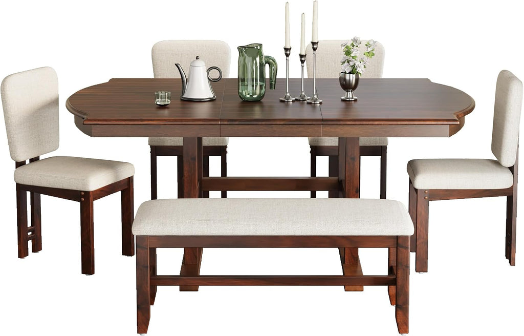 Merax 6 Pieces Dining Table Set, Extendable Wood Dining Room Set with Bench, Kitchen Table Set with Removable Leaf and 4 Upholstered Dining Chairs, Espresso+Beige