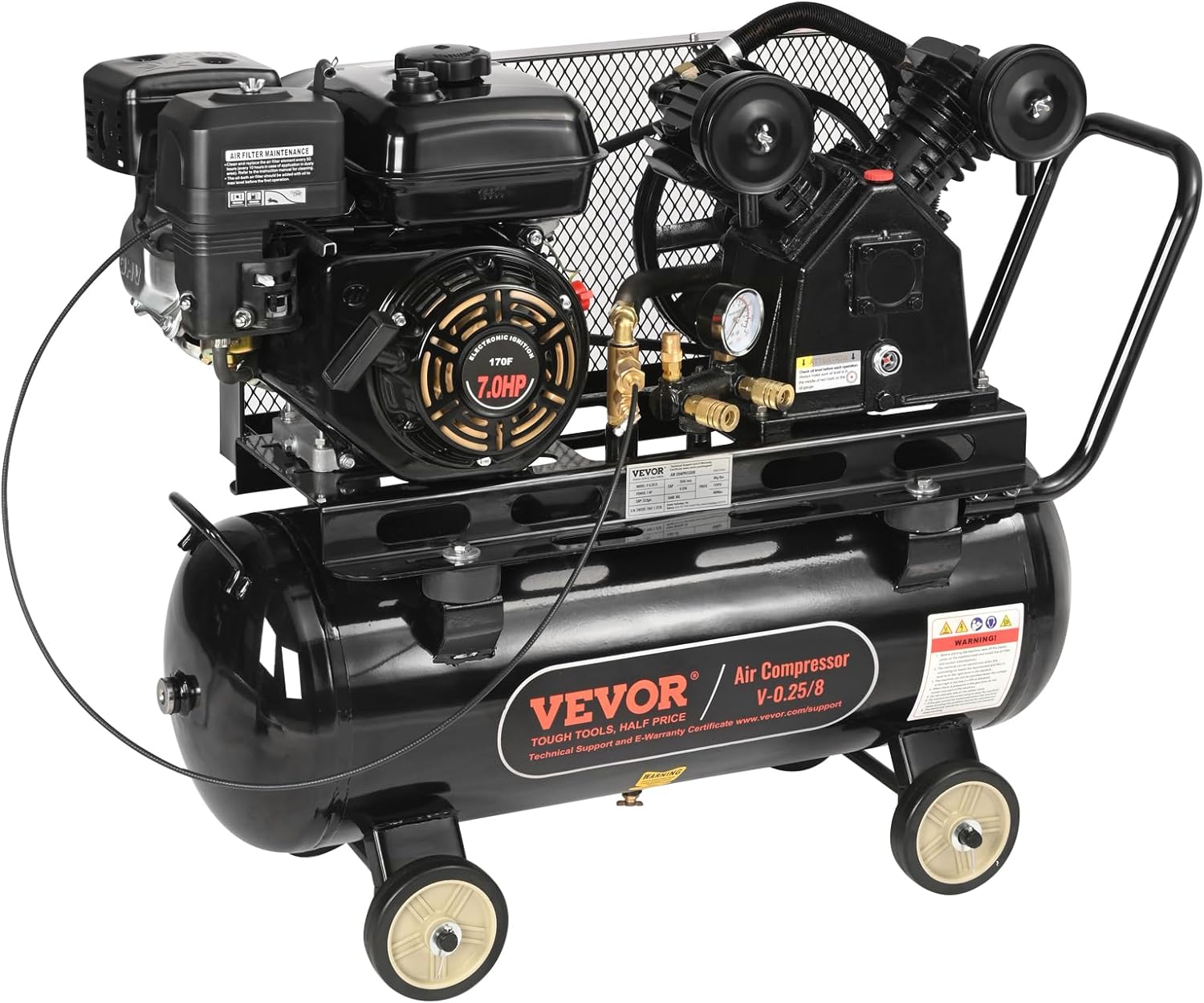 VEVOR 13.2 Gallon Gas Powered Air Compressor, 7HP 9CFM@115PSI Air Compressor Tank on Wheels, Gas Driven Piston Pump Air Compressed System with 115PSI Maximum Pressure for Workshop Construction Sites