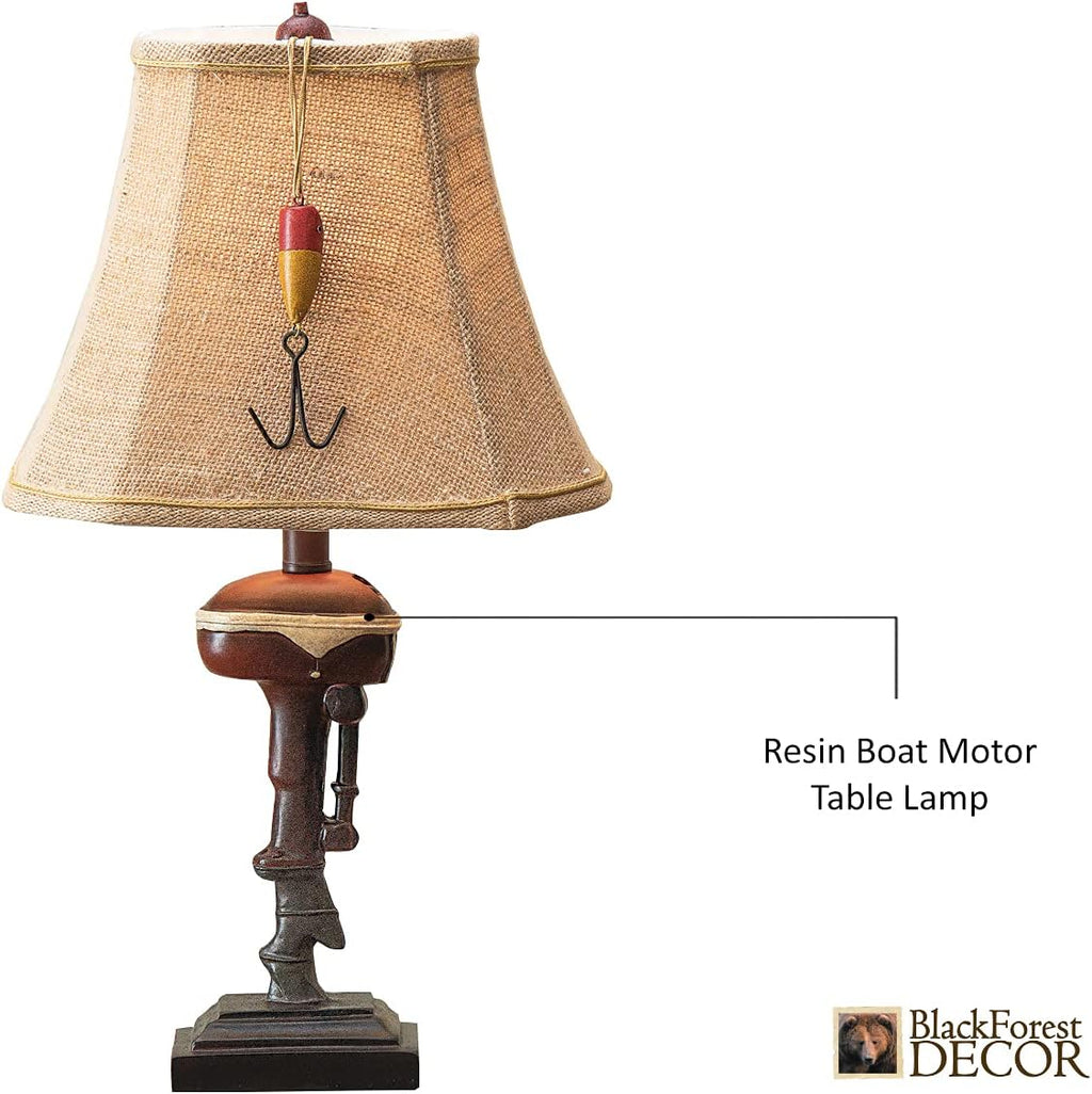 BLACK FOREST DECOR Outboard Accent Table Lamp – Rustic Boat Motor Fishing Lamp with Linen Shade – 11' W x 8.2' D x 20' H