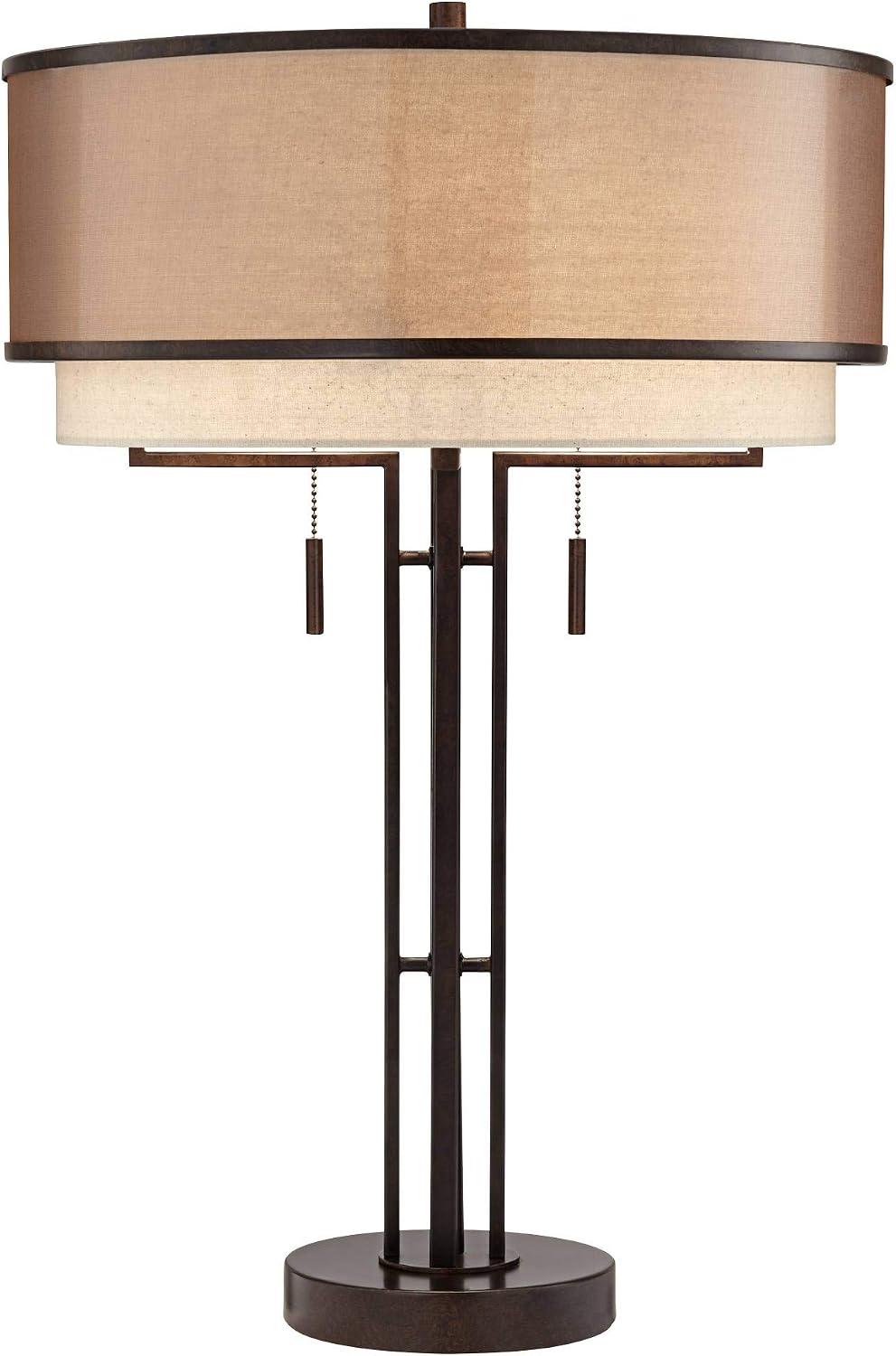 Franklin Iron Works Andes Rustic Farmhouse Industrial 3-Way Table Lamp with Table Top Dimmer 27.5' Tall Oil Rubbed Bronze Metal Stacked Double Drum Shade for Living Room Bedroom House