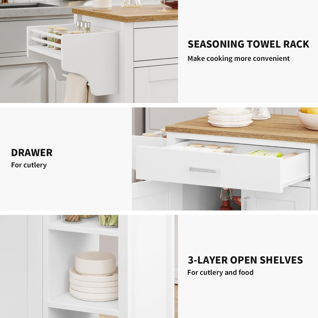 DWVO Rolling Kitchen Island Table on Wheels, Mobile Kitchen Cart with Storage, Butcher Block Island with Open Shelf, Drawer, Spice/Towel Rack, 37inch, White