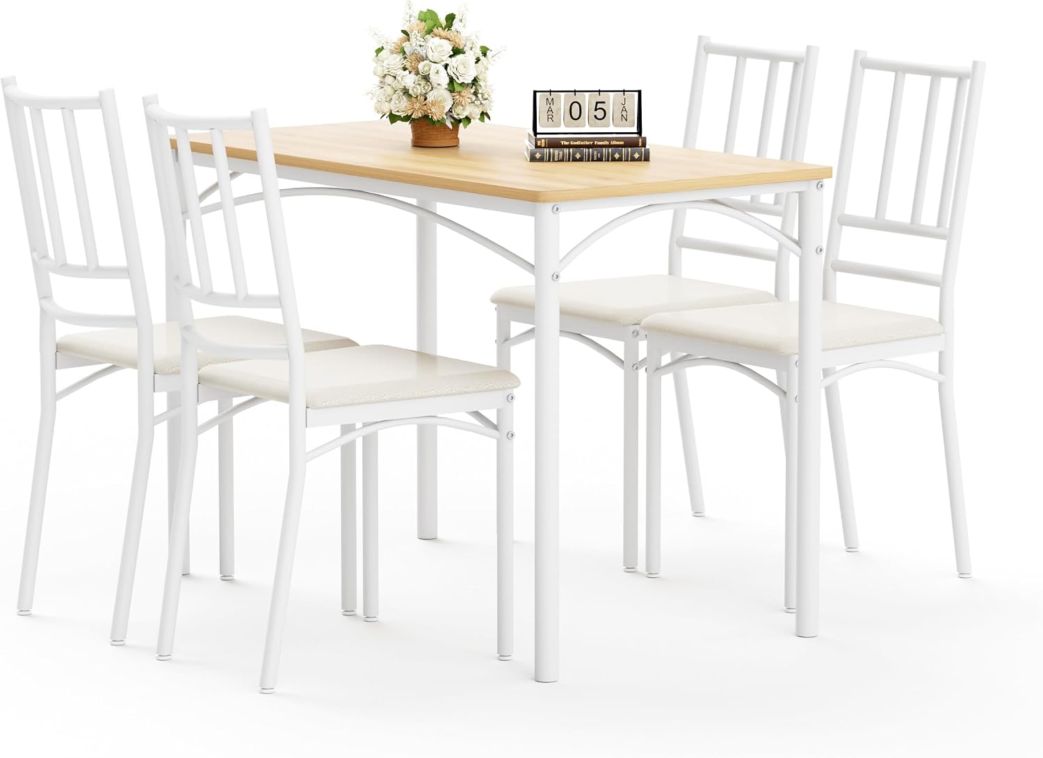 Dining Table Set for 4, Industrial Kitchen Table Set with 4 Upholstered Chairs, Metal Table and Chairs Set for Kitchen, Dining Room, Living Room, Natural+White