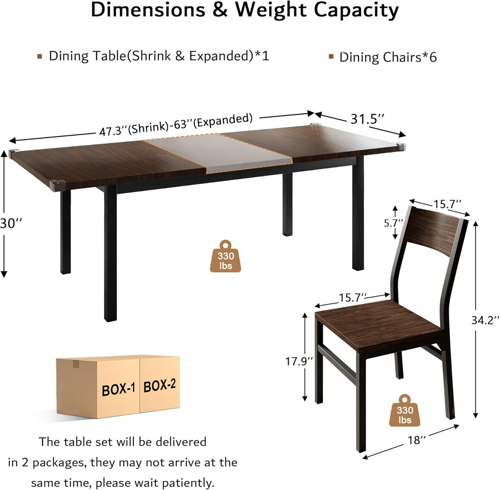 iPormis 7 Pieces Dining Table & Chairs Set for 4-6, 63' Extendable Kitchen Table and 6 Chairs, Dining Room Table with MDF Board & Metal Frame, Perfect for Small Space, Easy Clean, Espresso
