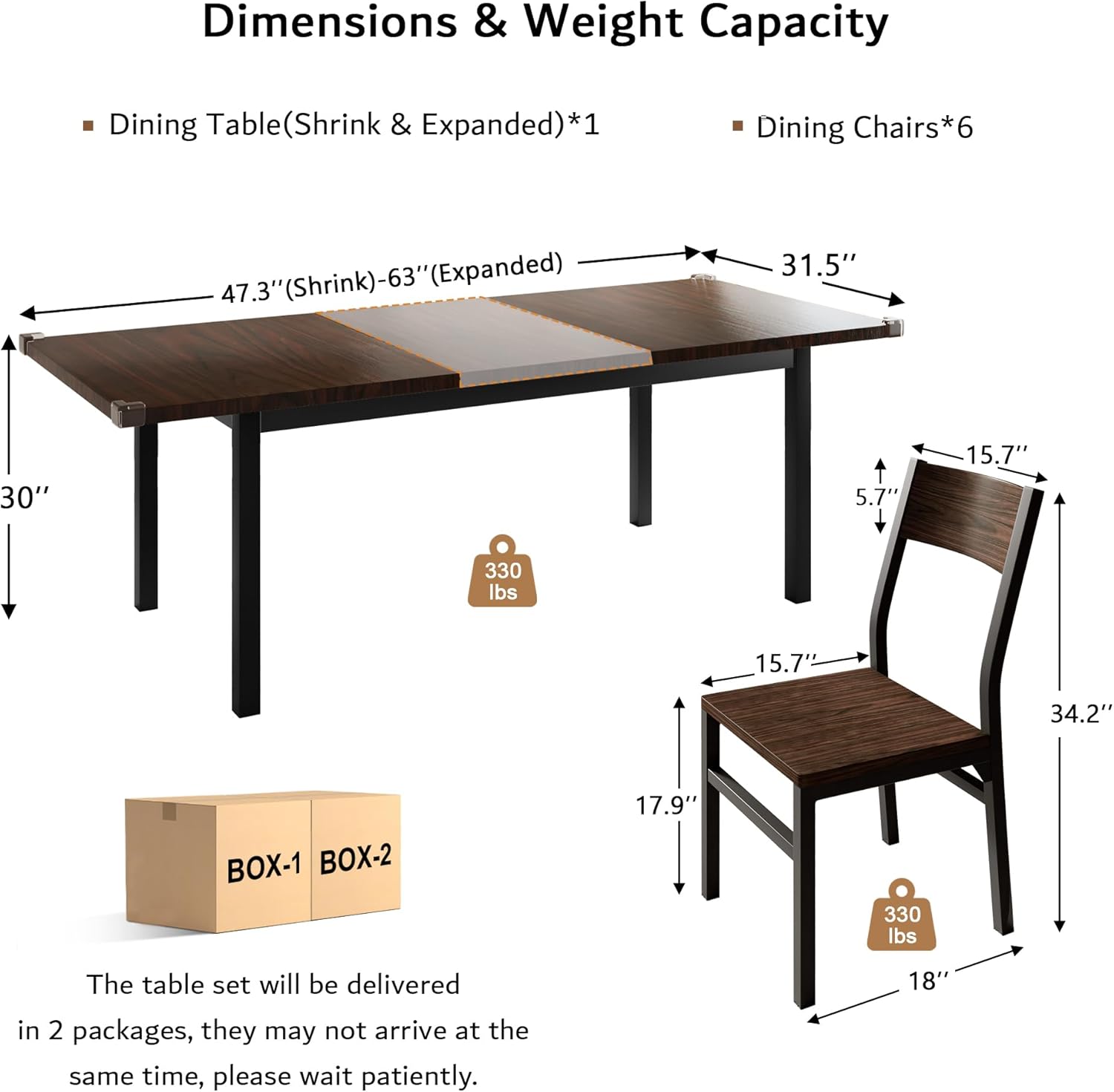 iPormis 7 Pieces Dining Table & Chairs Set for 4-6, 63' Extendable Kitchen Table and 6 Chairs, Dining Room Table with MDF Board & Metal Frame, Perfect for Small Space, Easy Clean, Espresso