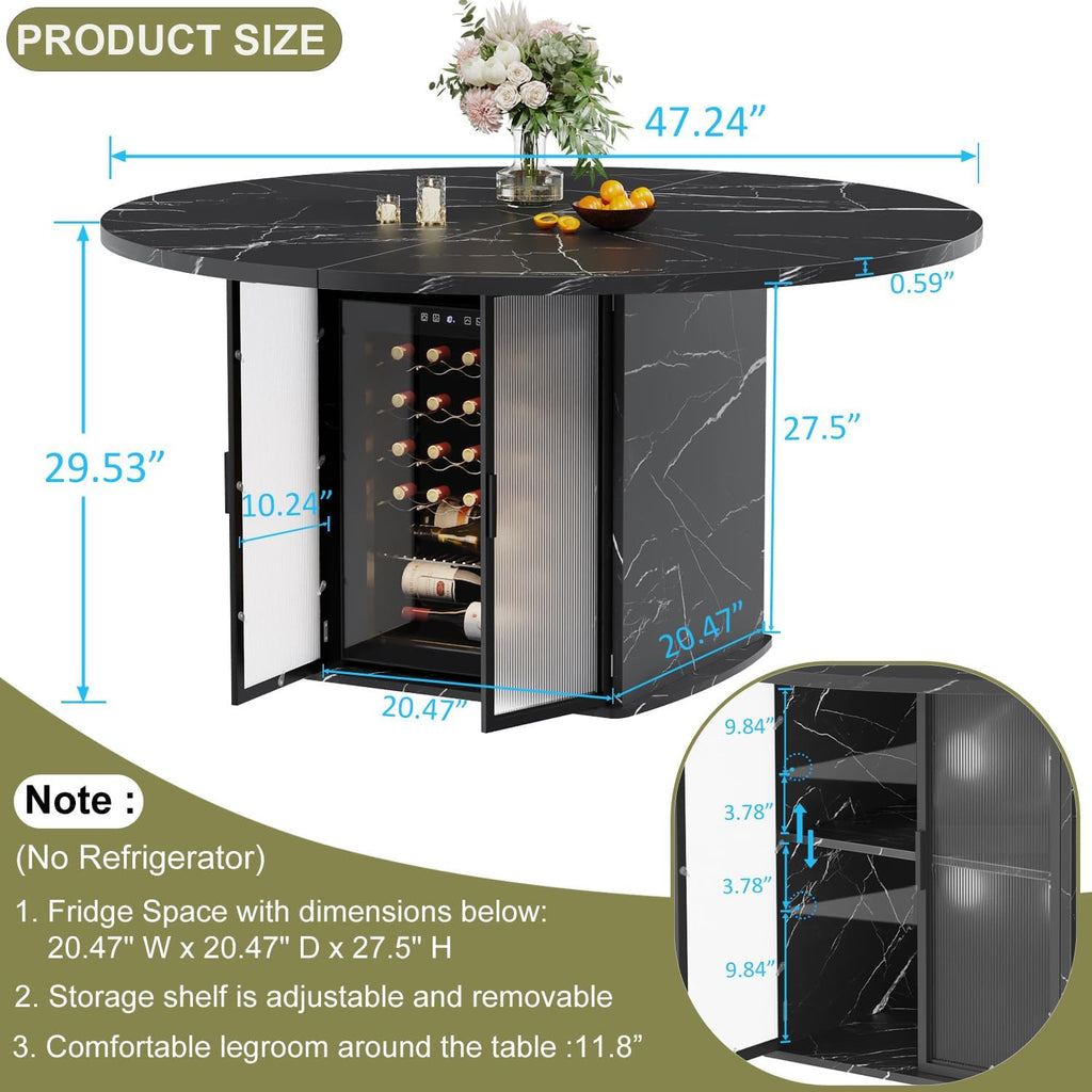 IBF Round Dining Table with Storage, Black Faux Marble Kitchen Tables for 4-6 People, 47' Modern Dining Room Tables with Fridge Space, Wood Circle Dinner Table for Home, Black Marble, Only Table