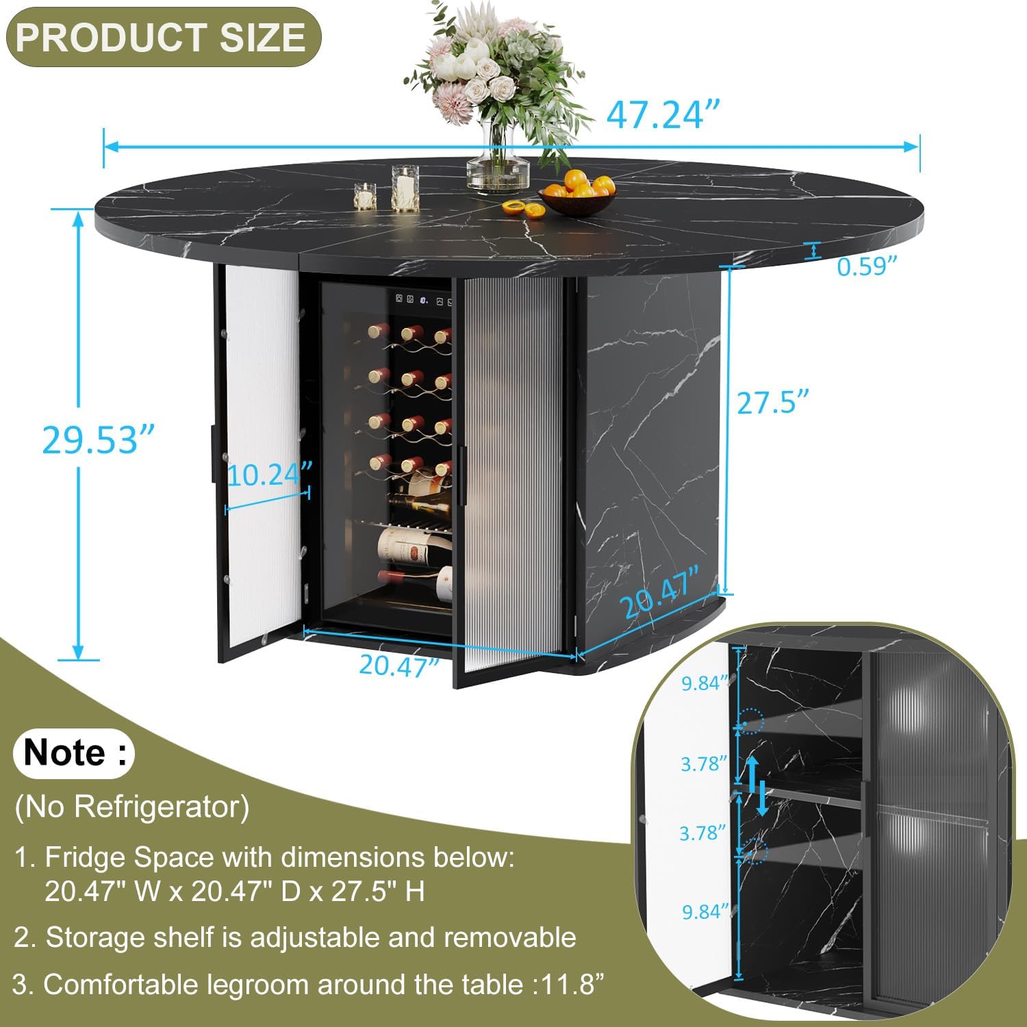 IBF Round Dining Table with Storage, Black Faux Marble Kitchen Tables for 4-6 People, 47' Modern Dining Room Tables with Fridge Space, Wood Circle Dinner Table for Home, Black Marble, Only Table
