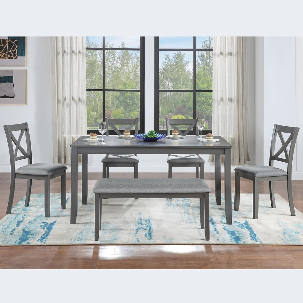 Harper & Bright Designs 6-Piece Dining Table Set with 4 Upholstered Chairs & Bench, 58.5' Rectangular Solid Wood Frame Table, Dining Table Set for 6 People, Living Room, Home Bar and Kitchen,Grey