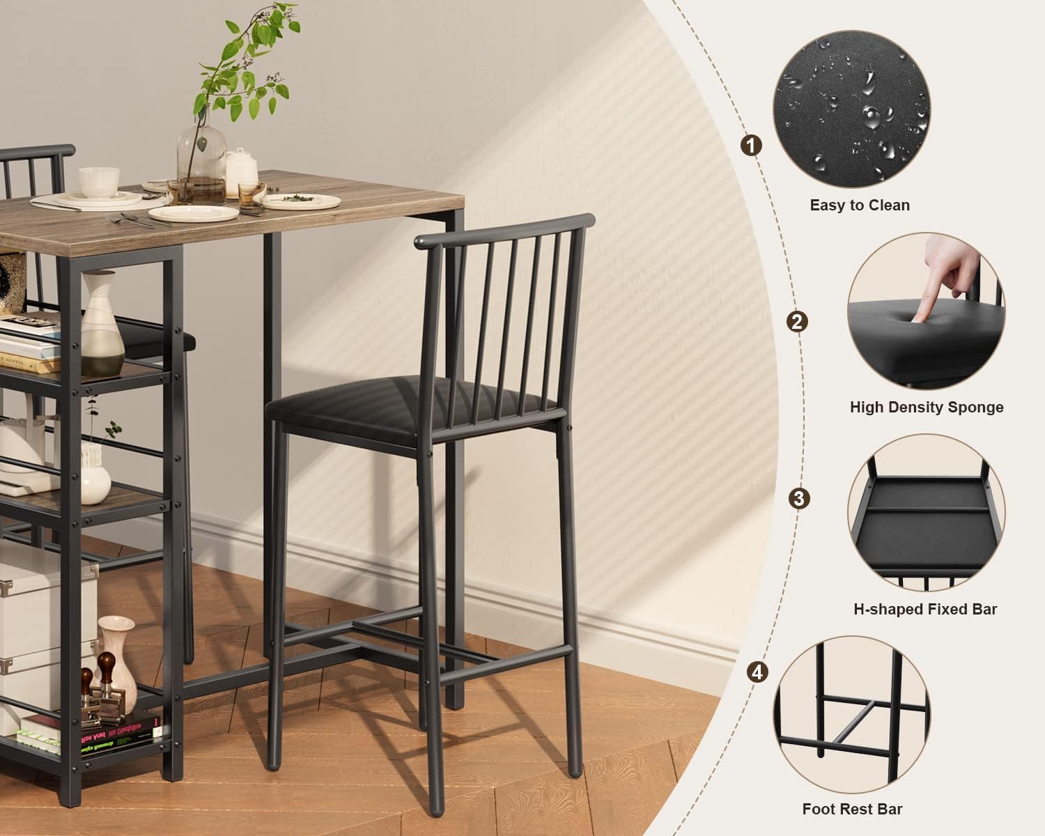 Gizoon Dining Table Set for 2 with 3 Storage Shelves, Kitchen Table and Chairs for 2 with Pu Cushion Chairs & Thick Wood Top, 3 Piece Dining Table Set for Small Space, Apartment - Grey