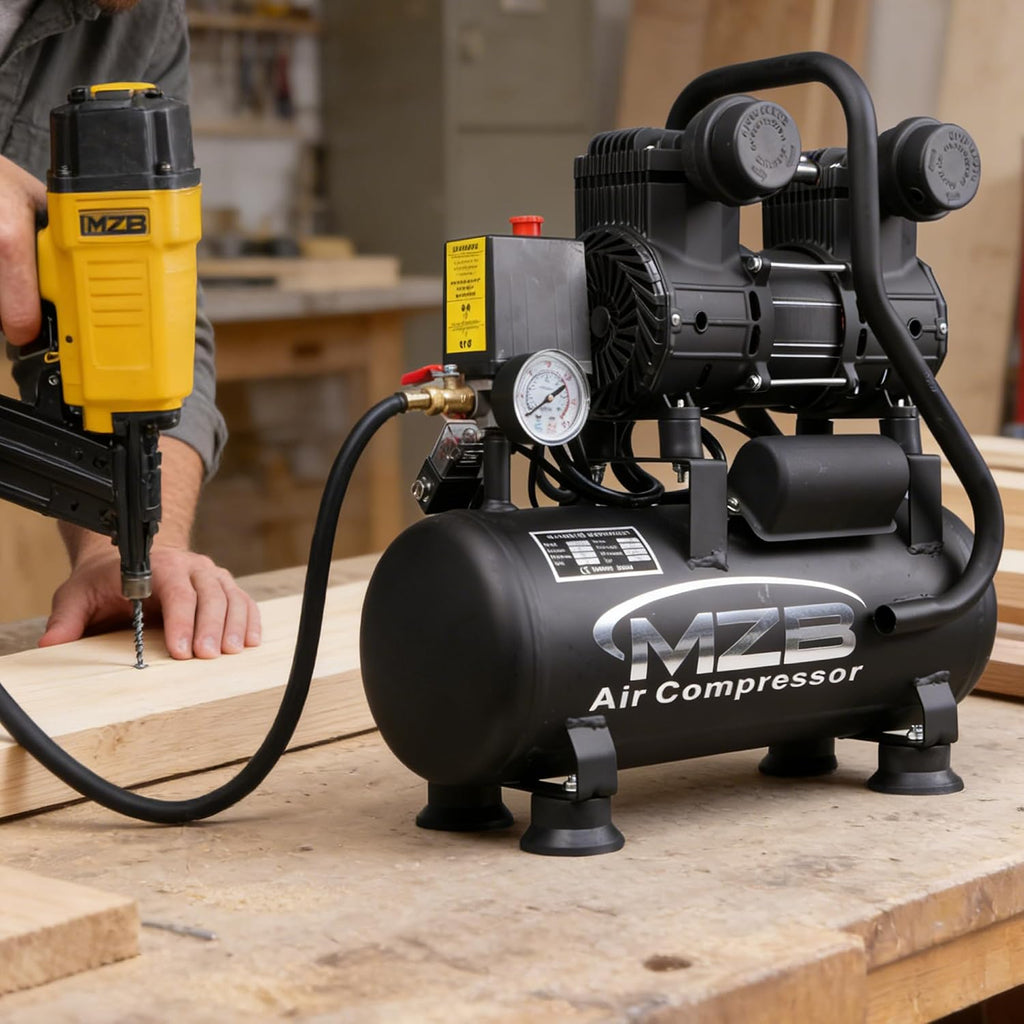 MZB 2.4 Gallon Ultra Quiet Air Compressor 110V/60Hz 1.2HP 5.65CFM, MAX 115PSI Steel Tanks Oil-Free 70dB Noise Level Air Compressor for Spray Painting, Auto Repair, Carpentry Decoration