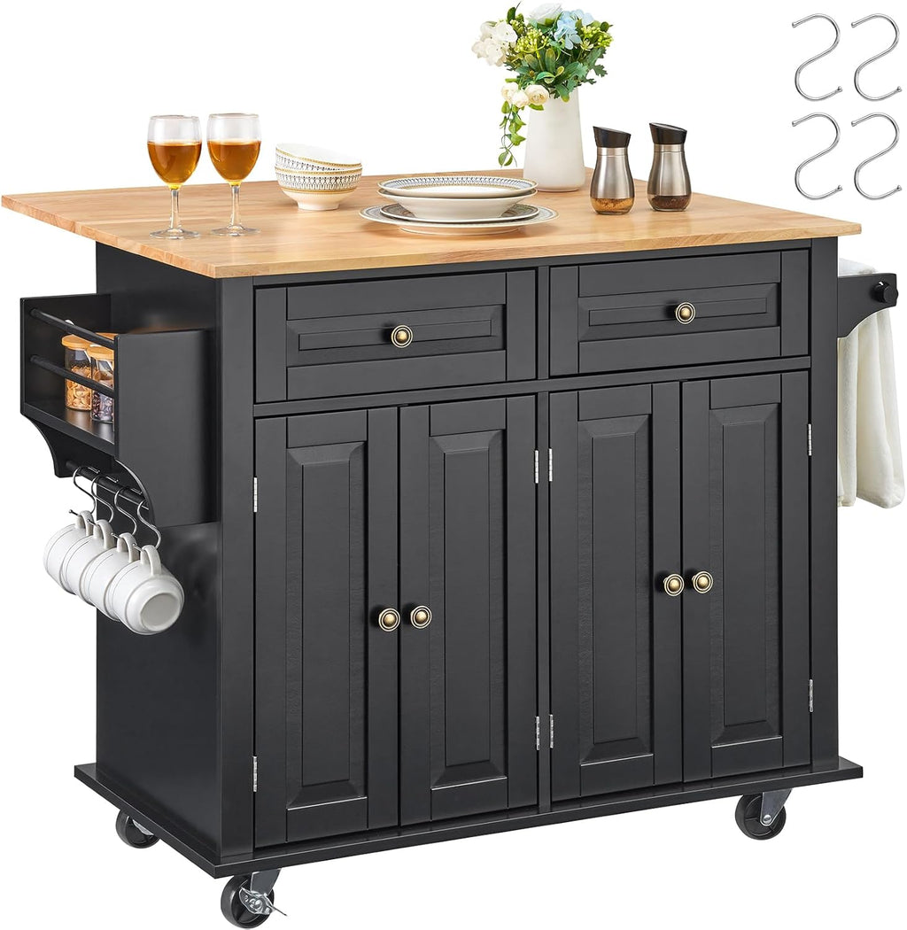 VEVOR Kitchen Island Cart, 35' Wood Top Mobile Carts with Storage Cabinet, Rolling Table with Drop Leaf, Spice Rack, Towel Bar, Adjustable Shelf, Drawer, and Hooks, Portable Islands on Wheels, Black