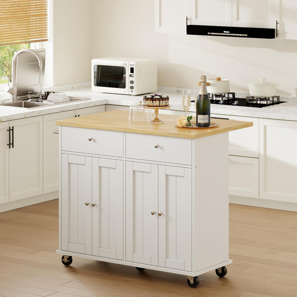 Shintenchi Kitchen Island with Drop Leaf, Rolling Kitchen Cart with Storage on Wheels, Table Bar Cart for Kitchen with Towel Rack & Seating Area for Dining Room, White