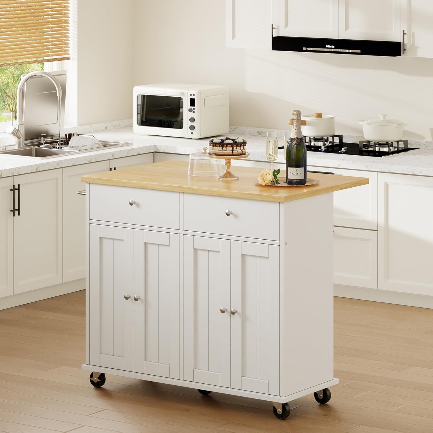 Shintenchi Kitchen Island with Drop Leaf, Rolling Kitchen Cart with Storage on Wheels, Table Bar Cart for Kitchen with Towel Rack & Seating Area for Dining Room, White