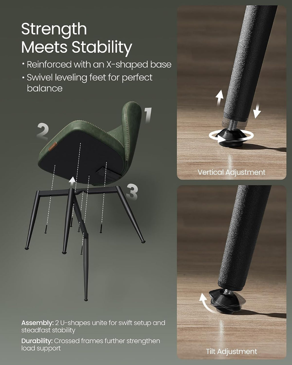 VASAGLE EKHO Collection - Dining Chairs Set of 2, Upholstered Kitchen Chairs, Comfortable Seat, Synthetic Leather with Stitching, Mid-Century Modern, Easy Assembly, Living Room Lounge, Forest Green