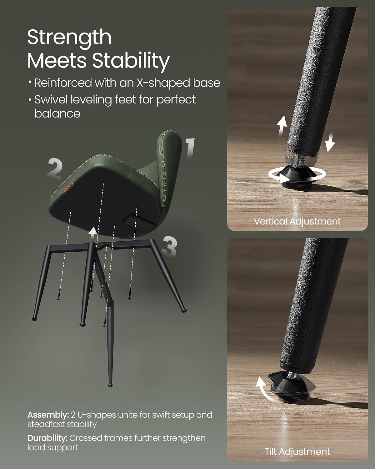 VASAGLE EKHO Collection - Dining Chairs Set of 2, Upholstered Kitchen Chairs, Comfortable Seat, Synthetic Leather with Stitching, Mid-Century Modern, Easy Assembly, Living Room Lounge, Forest Green