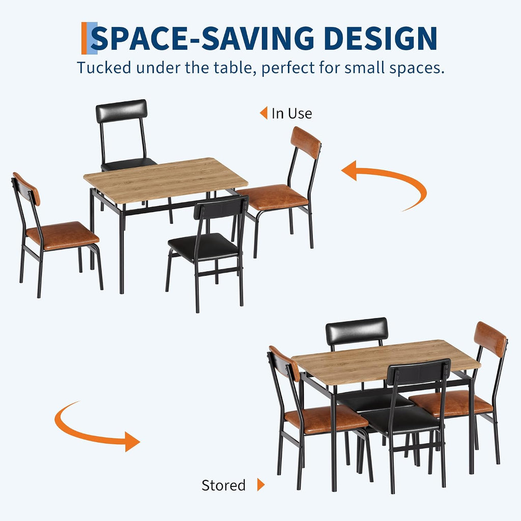 Garvee Dining Table Set for 4, 5 Piece Wooden Dining Table and Chairs, 4 PU Upholstered Chair, Modern Metal Frame Dinette Set for Dining Room, Home Dinner, Party, Apartment, Brown + Black