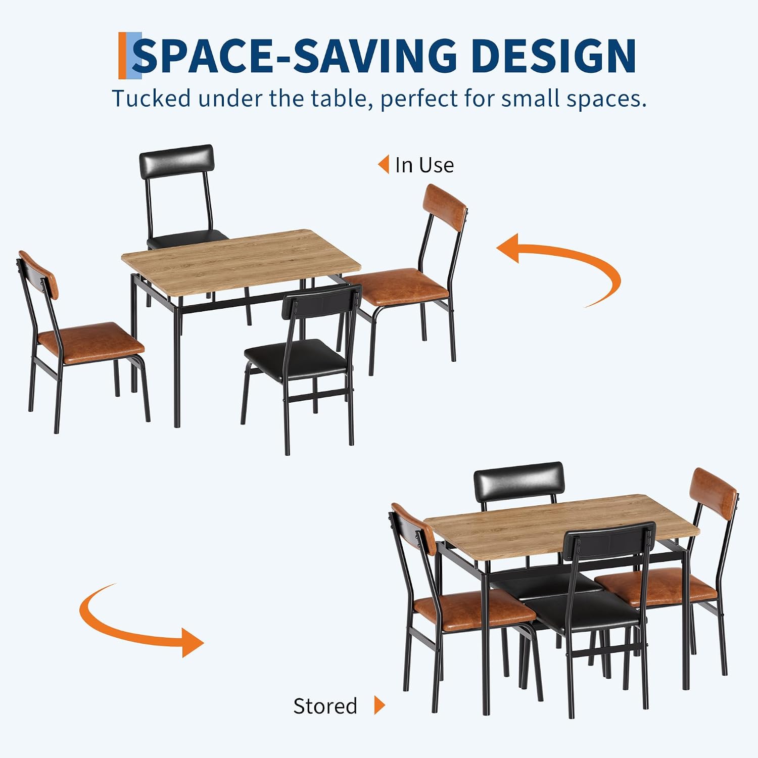 Garvee Dining Table Set for 4, 5 Piece Wooden Dining Table and Chairs, 4 PU Upholstered Chair, Modern Metal Frame Dinette Set for Dining Room, Home Dinner, Party, Apartment, Brown + Black