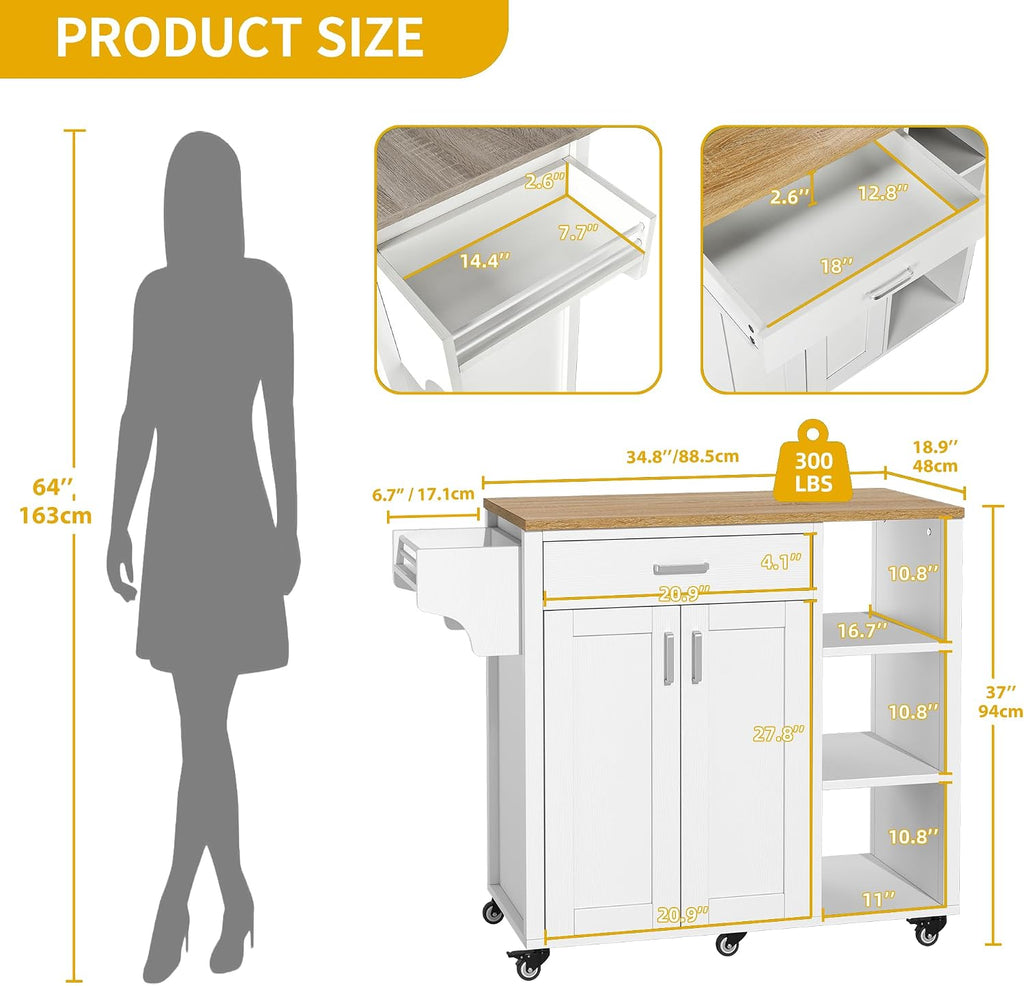 DWVO Rolling Kitchen Island Table on Wheels, Mobile Kitchen Cart with Storage, Butcher Block Island with Open Shelf, Drawer, Spice/Towel Rack, 37inch, White