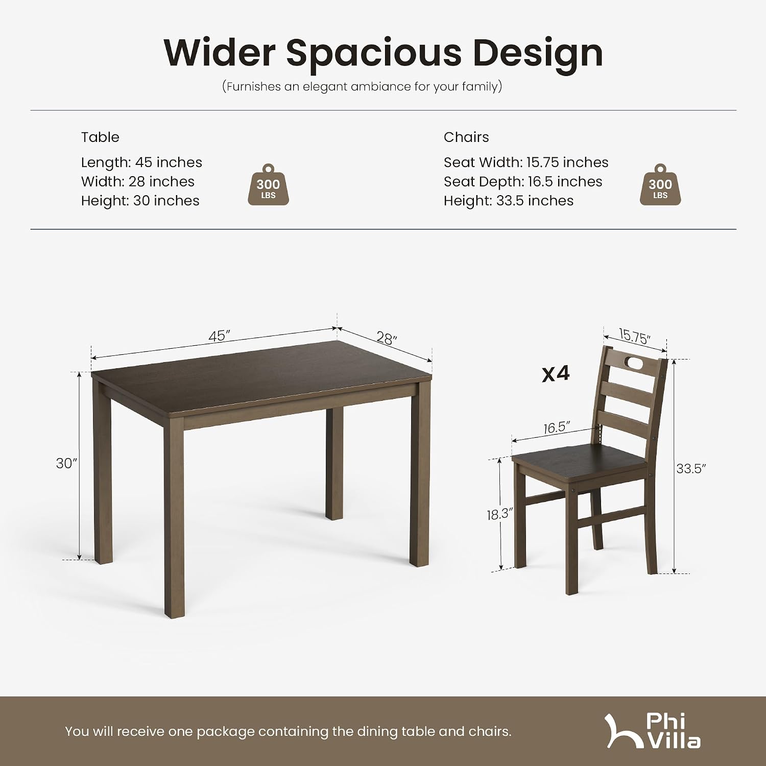 PHI VILLA Dining Table Set for 4, Solid Wood Farmhouse Kitchen Table Chairs Set of 4, 5 Piece Space-Saving Dining Room Table Set for Apartment, Dark Oak