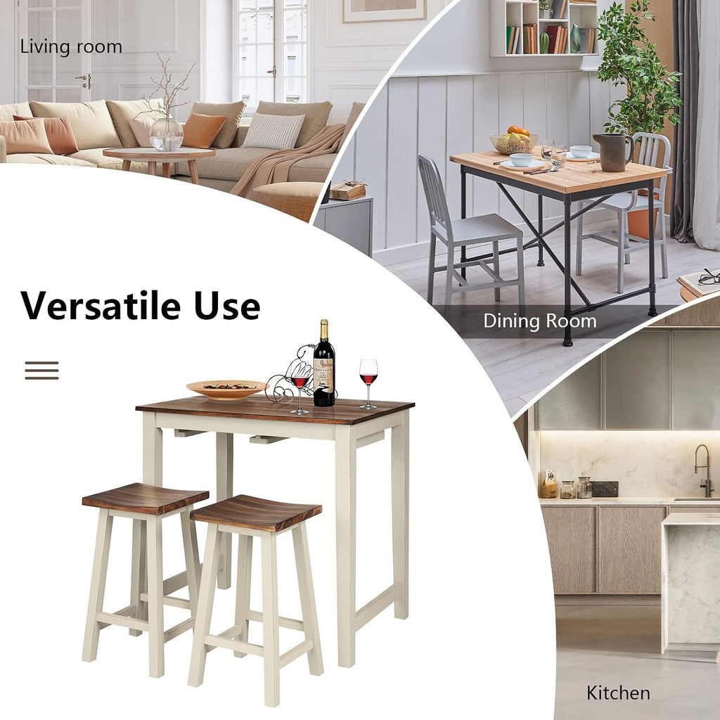 COSTWAY 3 Pieces Dining Set, Counter Height Pub Table Set with 2 Saddle Stools, Industrial Wood Breakfast Table Set for Bar, Kitchen, Living Room, Restaurant