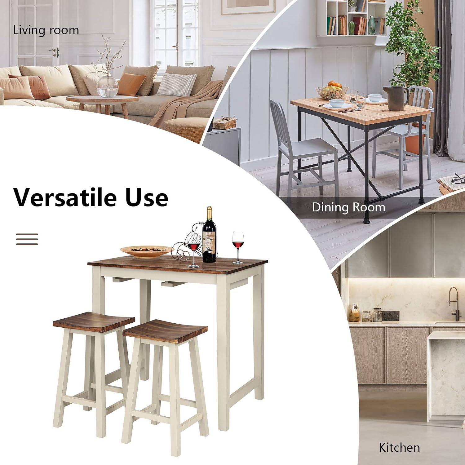 COSTWAY 3 Pieces Dining Set, Counter Height Pub Table Set with 2 Saddle Stools, Industrial Wood Breakfast Table Set for Bar, Kitchen, Living Room, Restaurant