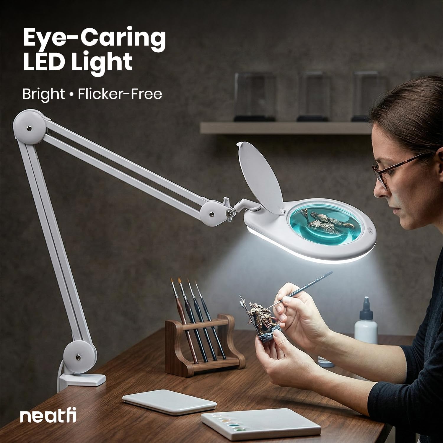 Neatfi Elite XL HD Super LED Magnifying Lamp – 7' Glass Lens, 5-Diopter, 6500K Daylight | Glare-Free, Adjustable Arm | Reading, Sewing & Crafting (White-3, 7-inch Lens, Non-CCT with Clamp)