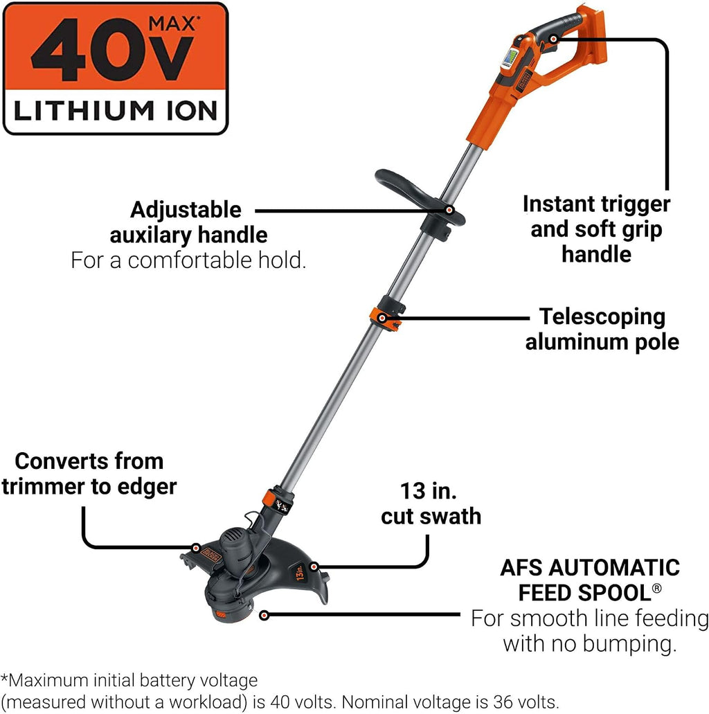 BLACK+DECKER 40V MAX 13 in String Trimmer Edger Cordless with Adjustable Telescoping Pole, 2 in 1 Weed Wacker Lawn Edger, Includes Battery and Charger (LST136)