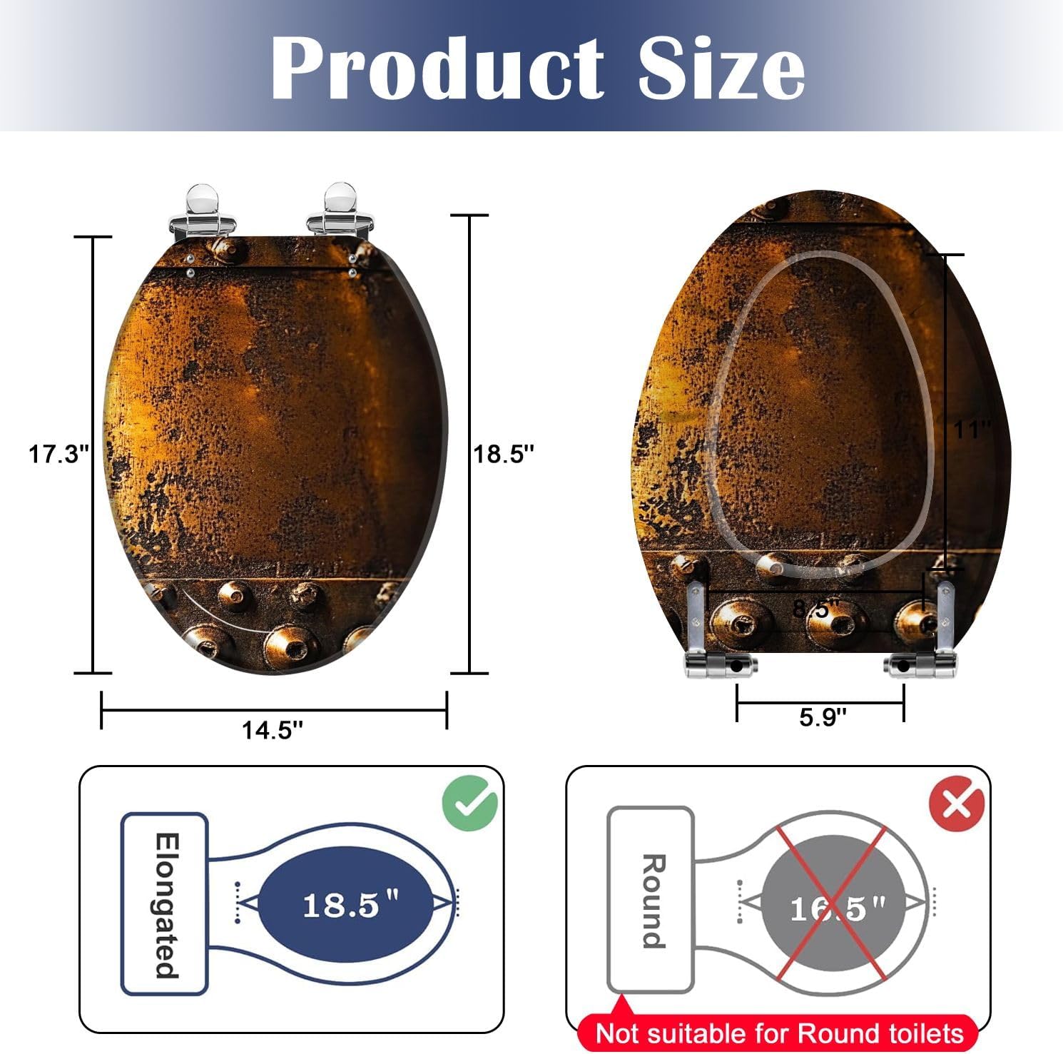 Elongated Toilet Seat Scratched Copper Rivets Resin Toilet Seat Slow Quiet Close with Quick-Release Hinges Toilet Seat with Cover Easy to Clean Install