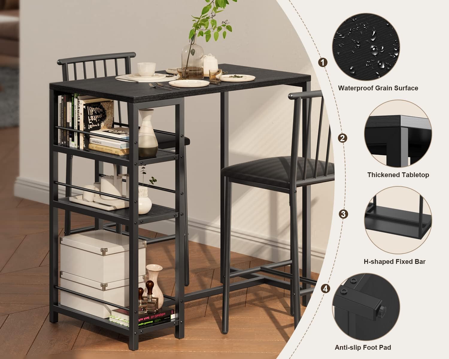 Gizoon Dining Table Set for 2 with 3 Storage Shelves, Kitchen Table and Chairs for 2 with Pu Cushion Chairs & Thick Wood Top, 3 Piece Dining Table Set for Small Space, Apartment - Black