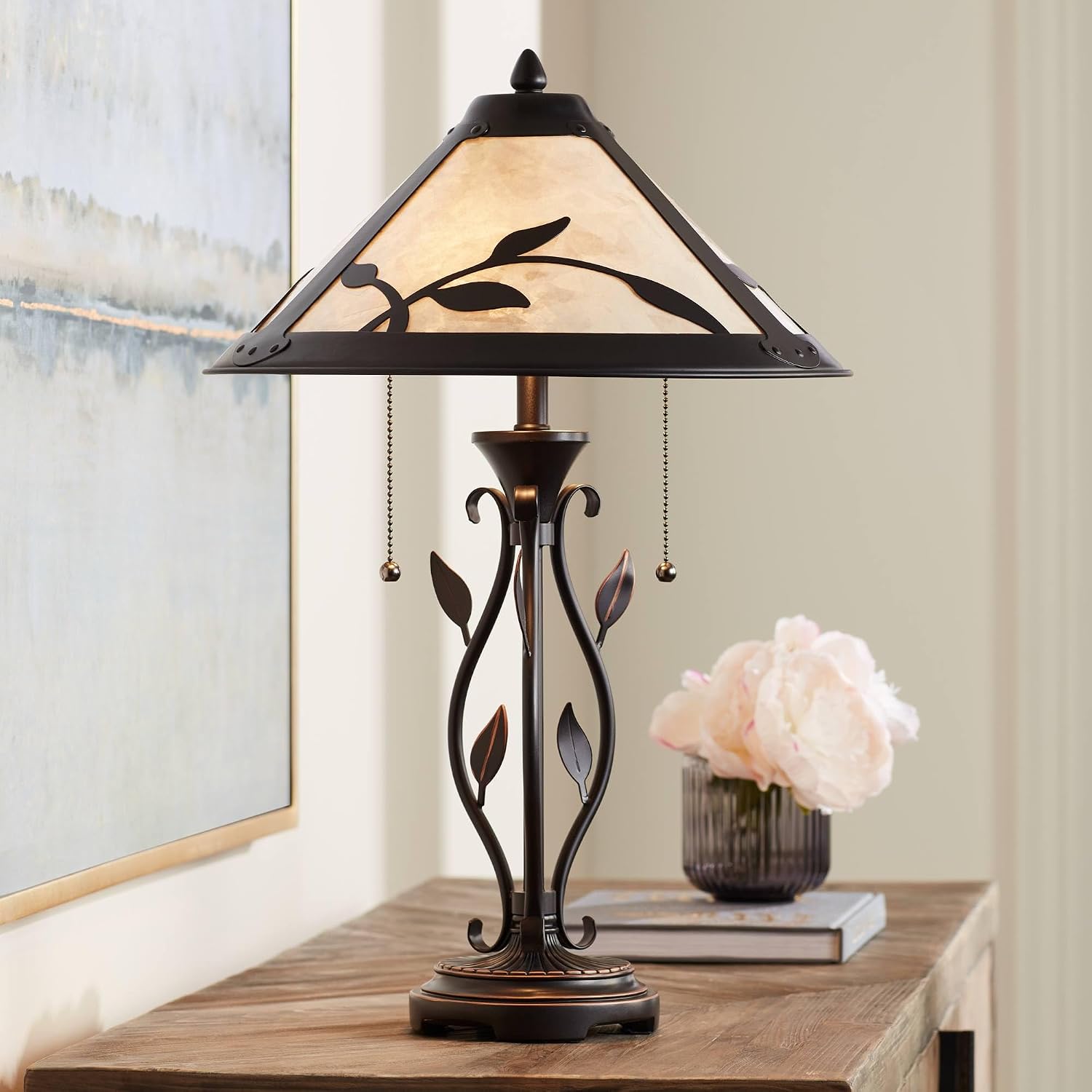 Franklin Iron Works Feuille Rustic Farmhouse Vintage Style Table Lamp 23.75' High Dark Brown Metal Openwork Leaf Accents Mica Cone Shade Cottage Core Decor for Living Room Bedroom House Nightstand