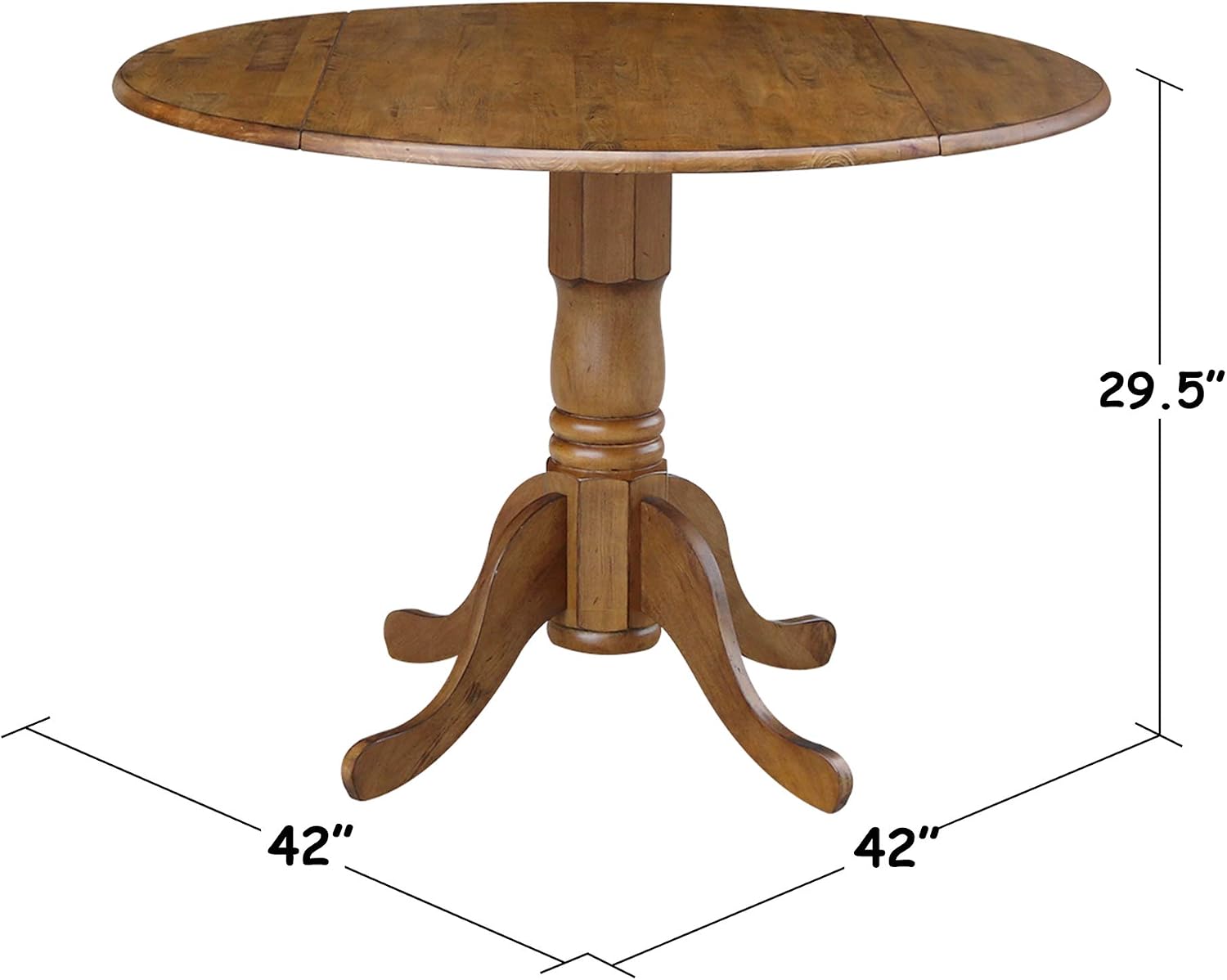 42' Round Dual Drop Leaf Pedestal Dining Table Solid Wood, Easy Assembly, Sturdy Parawood, Kitchen/Dining Room, 29.5'H x 42'W x 42'D, 20mm Thickness Top, Includes Two 9' Drop Leaves