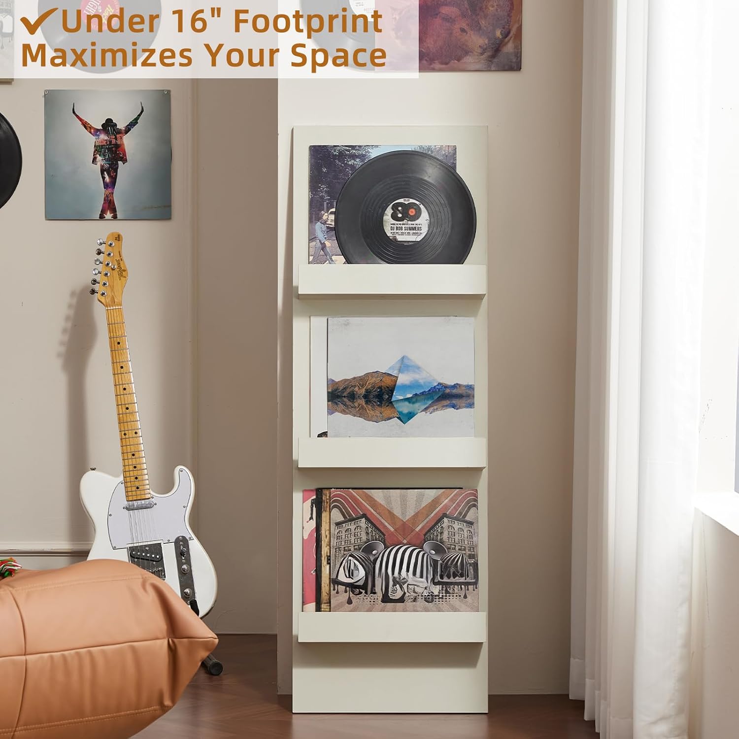 LELELINKY Wall Mount Vinyl Record Holder Set of 2 with 3 Tier Display Area, 47.5'' Tall Record Storage Magazine Holder, Book Shelf Holder Holds Up to 15 Vinyls Albums/CD for, Living Room, Music Room