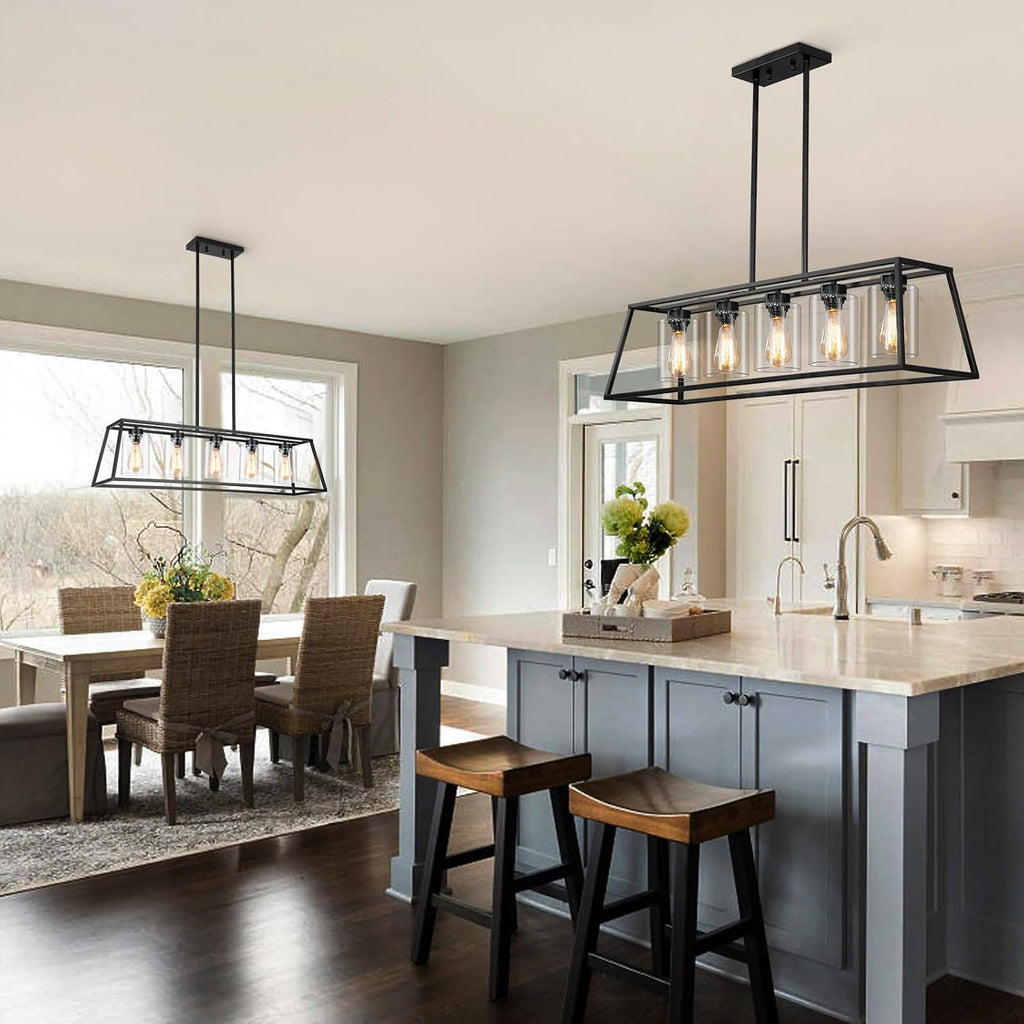 Kitchen Island Lighting,5-Light Black Chandeliers for Dining Room Light Fixtures Over Table, Farmhouse Rectangle Chandelier Island Lights for Kitchen with Cylinder Clear Glass