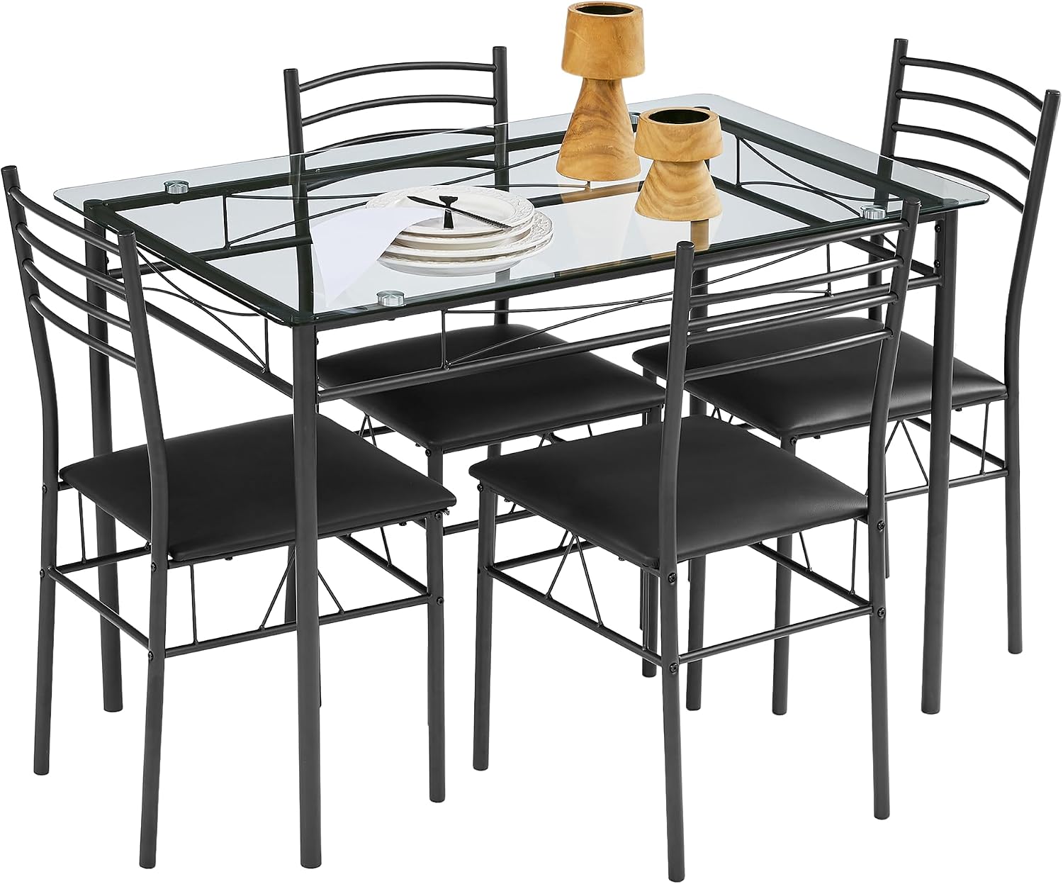 VECELO Dining Table Set for 4, 5-Piece Glass Kitchen Table with Upholstered Padded Chairs for Small Space, Breakfast Nook, Space-Saving, Black