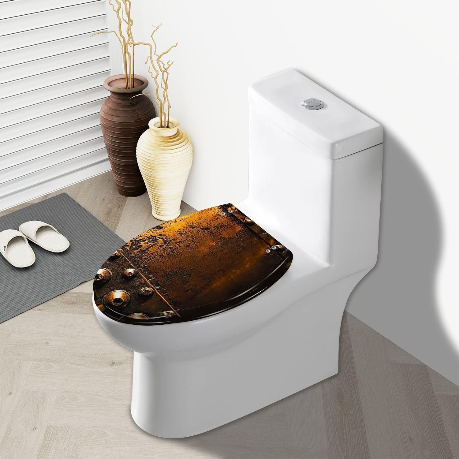 Elongated Toilet Seat Scratched Copper Rivets Resin Toilet Seat Slow Quiet Close with Quick-Release Hinges Toilet Seat with Cover Easy to Clean Install