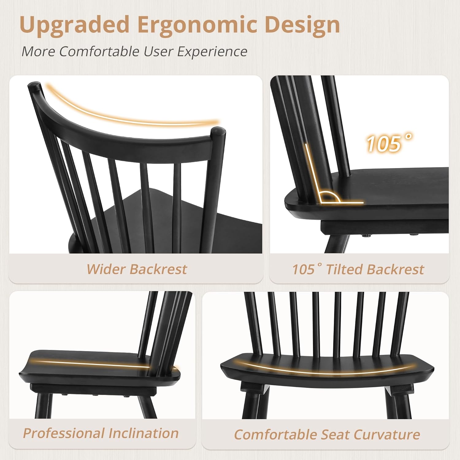 LUE BONA Upgraded Dining Chairs Set of 2, Farmhouse Wooden Spindle Back Kitchen Chairs, Windsor Dining Chairs for Kitchen and Dining Room, Black