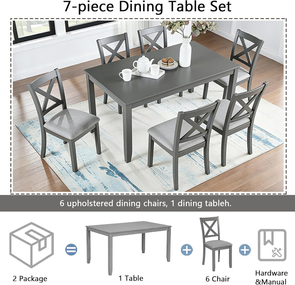 Harper & Bright Designs Modern 7-Piece Dining Set,58.5' Solid Wood Table & 6 Padded X-Back Style Chairs, Grey for Kitchen/Dining Room, 6-Person Seating