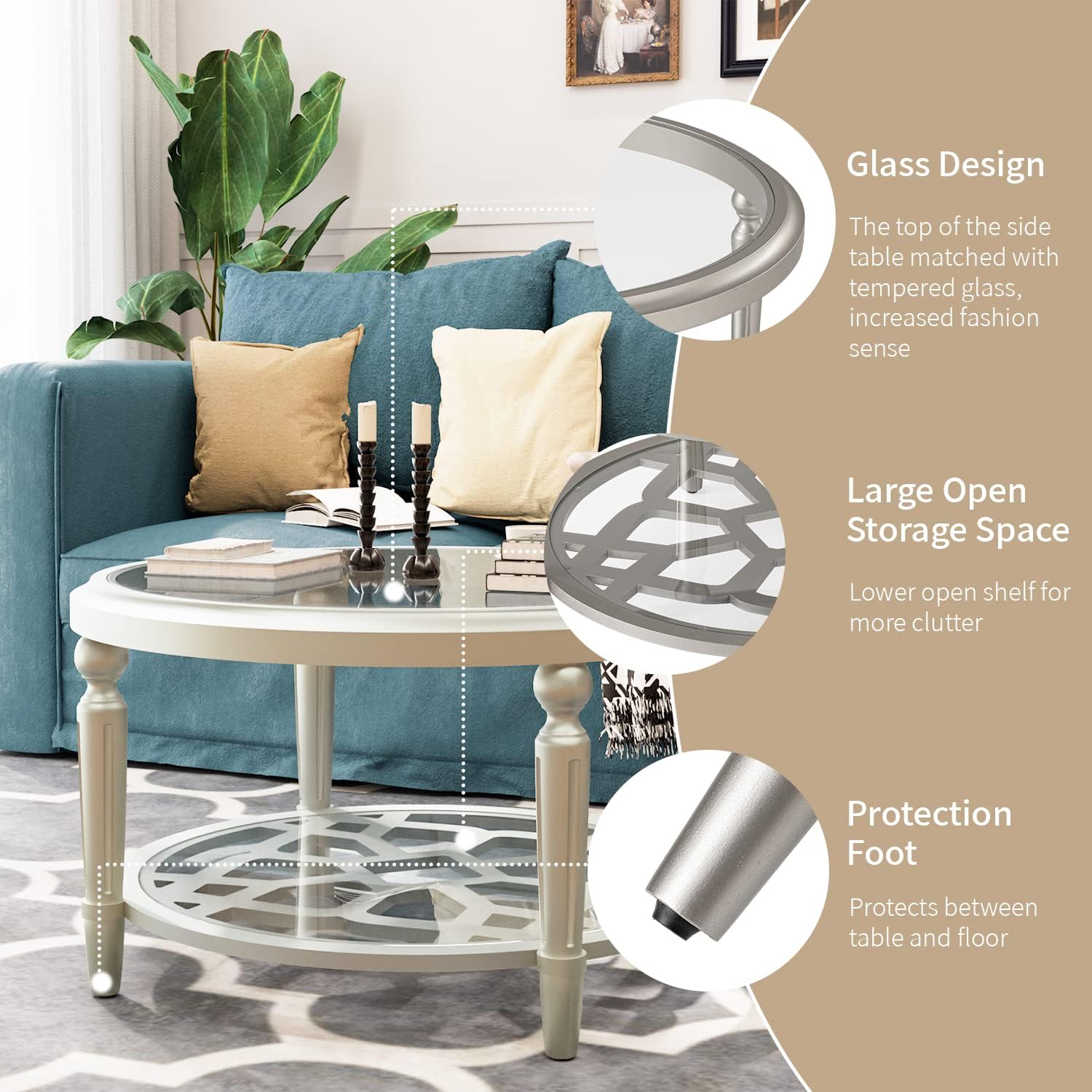 SUNBURY Glass Coffee Table, 32' Round Coffee Table, Glass Side Table, Lightweight Accent End Table for Living Room, Bedroom, Dinning
