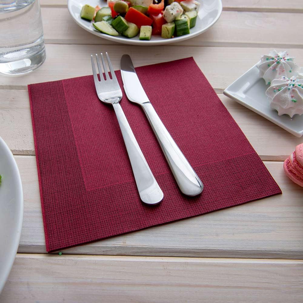Restaurantware Luxenap 15.75 Inch Disposable Napkins 600 Soft Linen Like Napkins - Absorbent Air Laid Bordeaux With Black Threads Paper Cloth Like Napkins Pre-folded For Dinner Party Guests