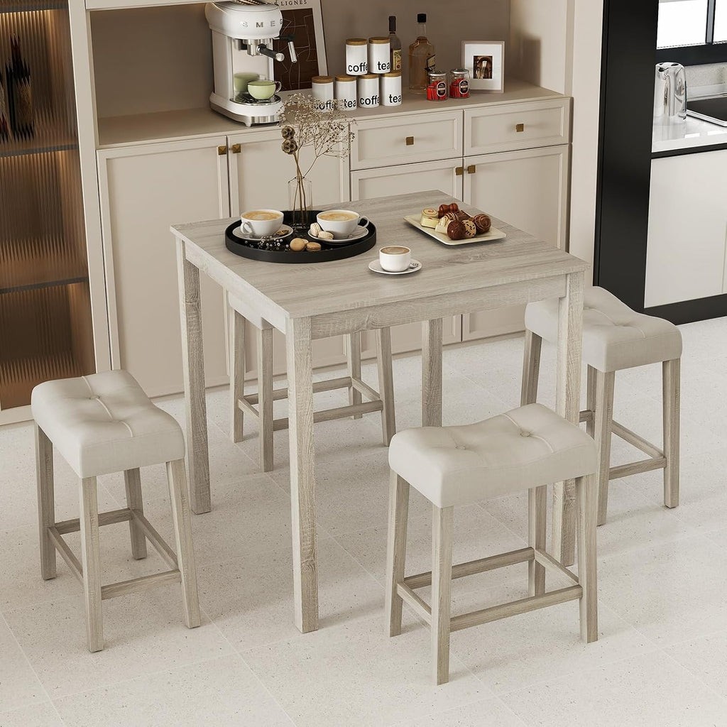 COSTWAY 5-Piece Bar Table Set, Square Breakfast Set for 4 w/Padded Stools, Small Kitchen Table Set w/Rubber Wood Legs, Space-Saving Dining Table Set for Living Room, Kitchen, Small Space