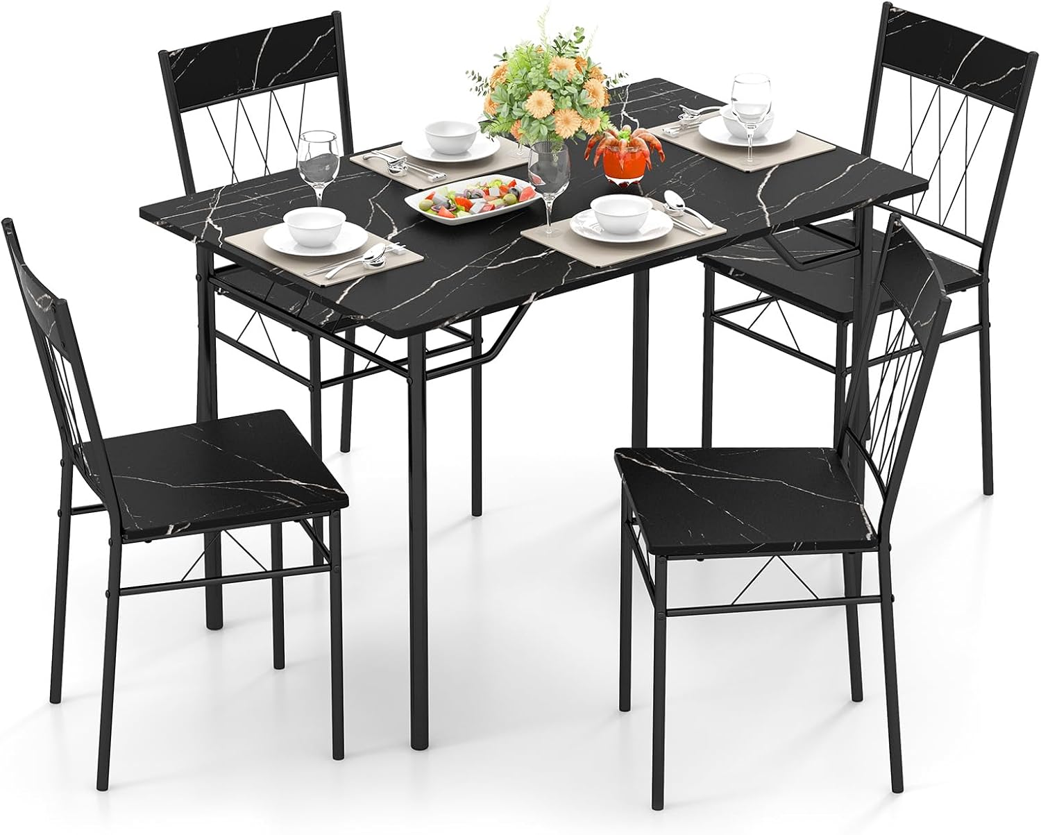 GOFLAME 5-Piece Dining Table Set for 4, Modern Kitchen Table and 4 Chairs with Metal Frame, Space-Saving Dinette Set for Dining Room, Living Room, Breakfast Nook, Small Space, Black