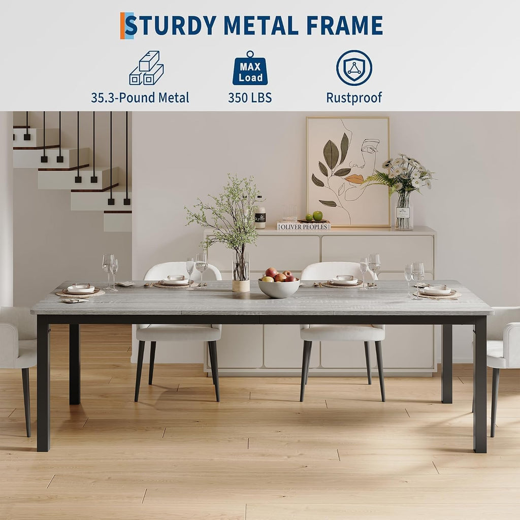 GarveeHome 78.7 in Industrial Dining Table for 6, Wooden Long Dinner Table with Mortise Tenon Design, Kitchen Table with Sturdy Metal Legs, for Dining Room Home Office Living Room, Grey