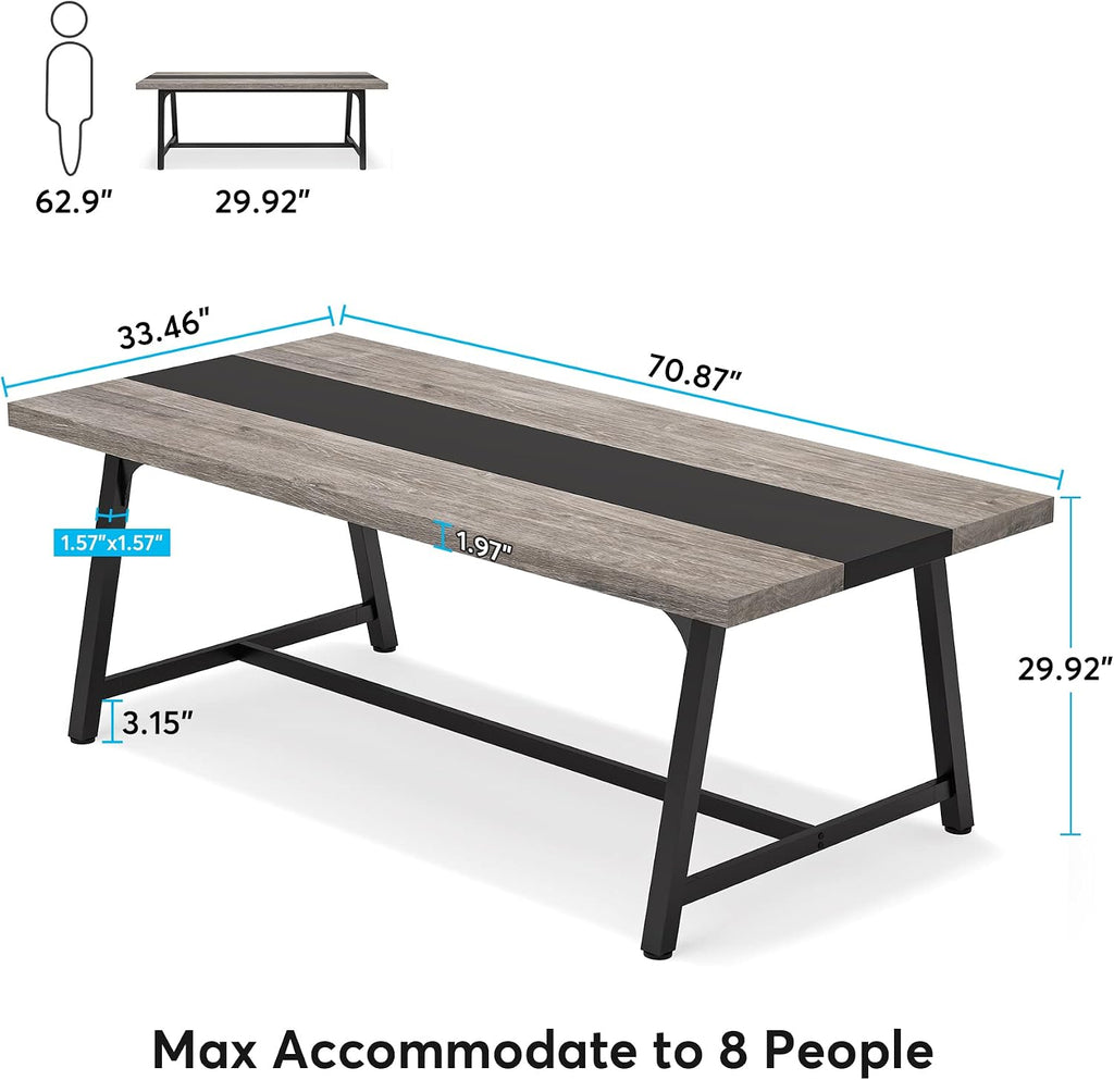 Tribesigns Dining Table for 8 People, 70.87-inch Rectangular Wood Kitchen Table with Strong Metal Frame, Industrial Large Long Dining Room Table for Big Family (Gray, No Chair)