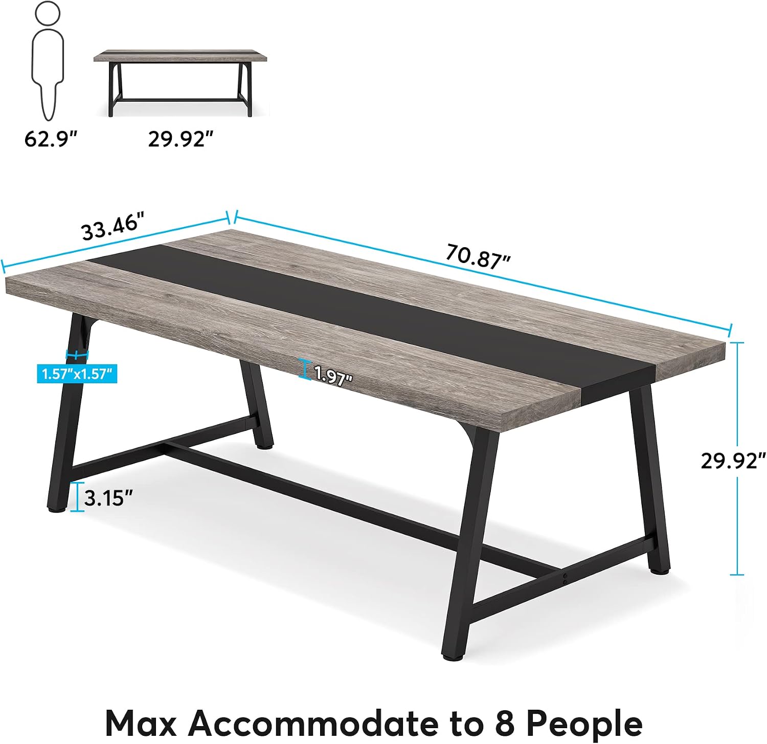 Tribesigns Dining Table for 8 People, 70.87-inch Rectangular Wood Kitchen Table with Strong Metal Frame, Industrial Large Long Dining Room Table for Big Family (Gray, No Chair)