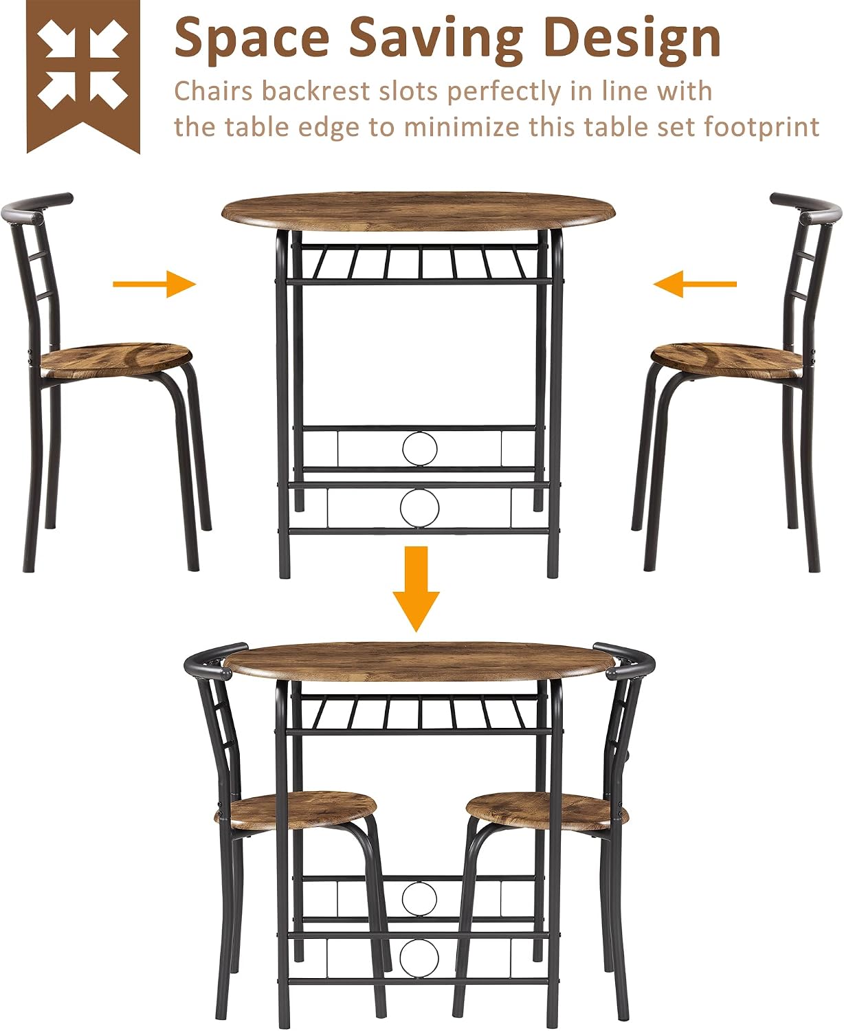 VECELO 3 Piece Small Round Dining Table Set for Kitchen Breakfast Nook, Wood Grain Tabletop with Wine Storage Rack, Save Space, Antique & Black