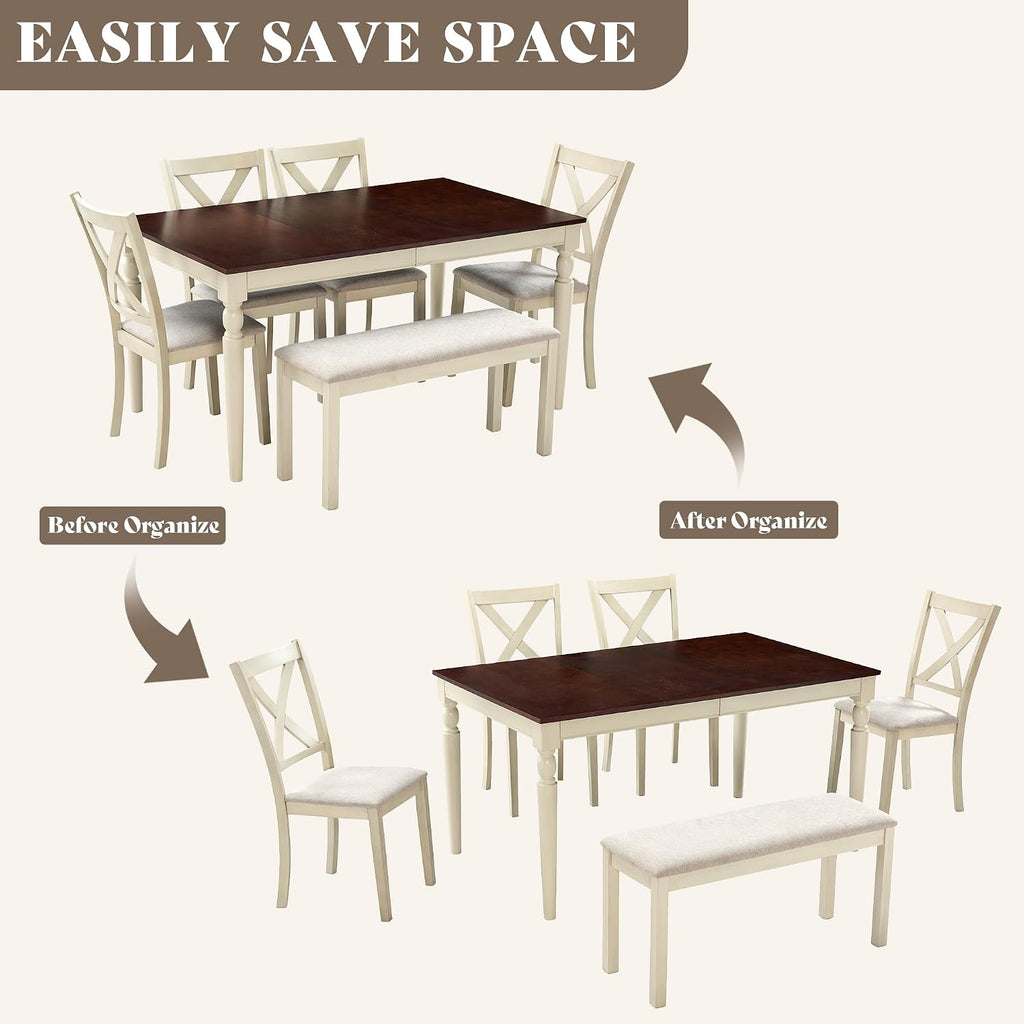 LUXOAK 60' Solid Wood Dining Table Set for 6, Farmhouse Kitchen Table with 4 Upholstered Chairs & Bench, 6-Piece Dining Room & Living Room Furniture, Cream White