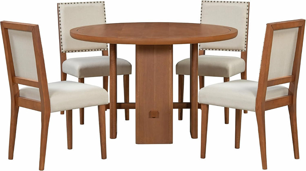 Merax 5-Piece Round Dining Table Set for 4, Minimalist Farmhouse Dining Table with 4 Upholstered Chairs, Kitchen & Dining Room Sets, Beige+Brown